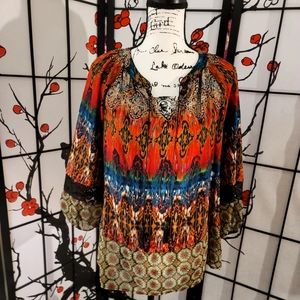 FIG & FLOWERS LADIES ABSTRACT DESIGNED SHEER BLOUSE/V NECK TIE/SIZE SMALL